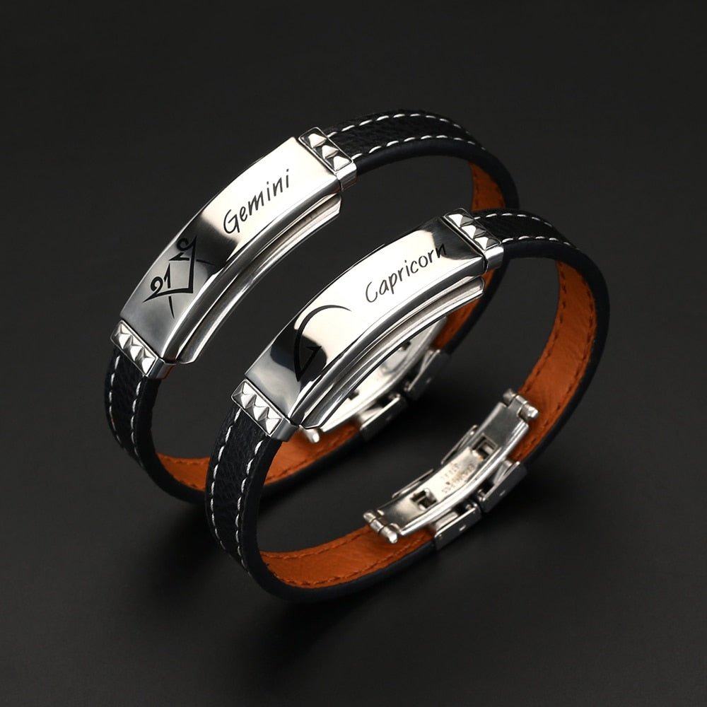 Stylish Zodiac Sign Black Leather Bracelet - Zodiac Radiance