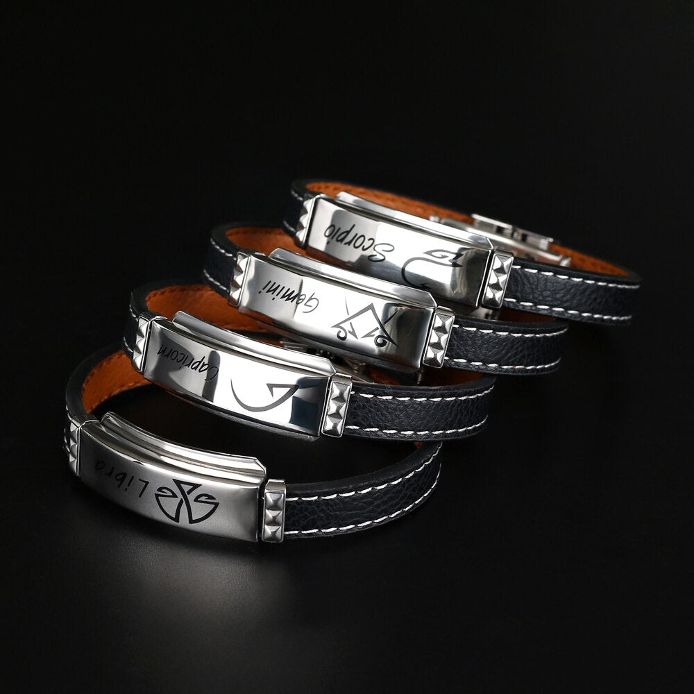 Stylish Zodiac Sign Black Leather Bracelet - Zodiac Radiance