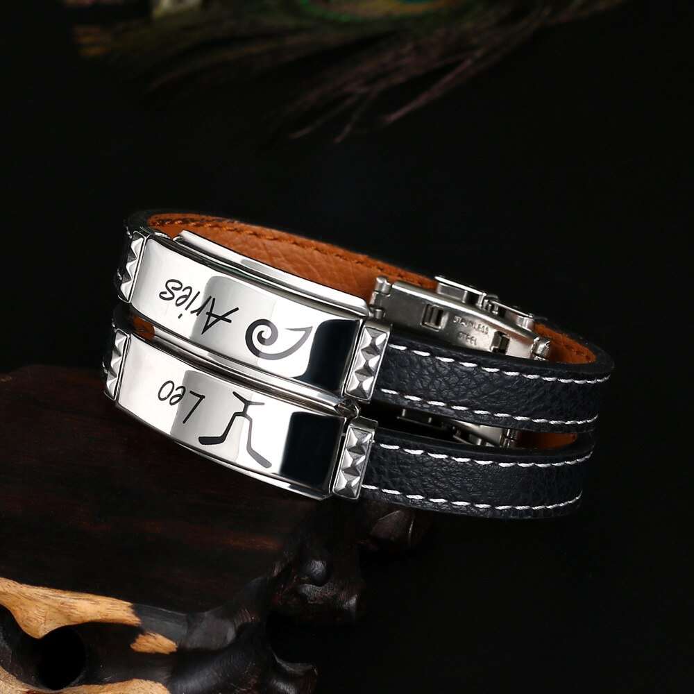 Stylish Zodiac Sign Black Leather Bracelet - Zodiac Radiance